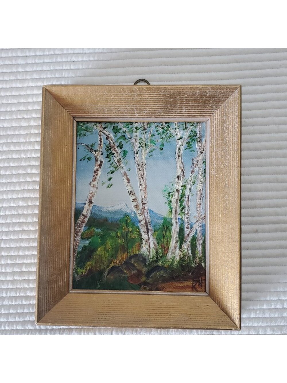 Birch Trees Oil Painting 6"×5" Vintage Signed Small Wood Frame Gallery Wall